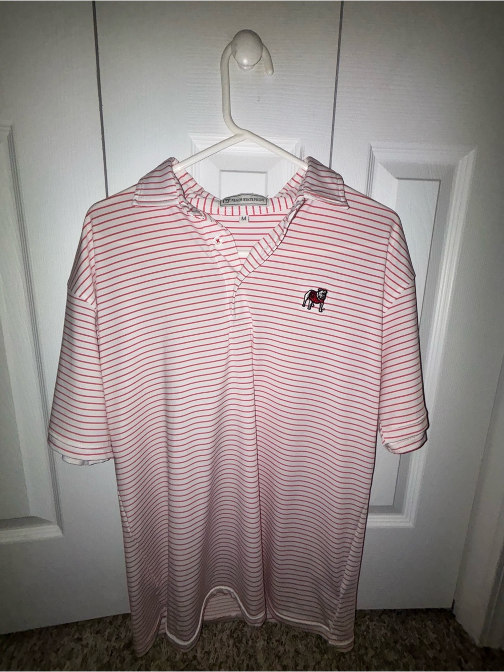 Peach state pride uga. Striped red & White Polo Shirt with Embroidered Motif